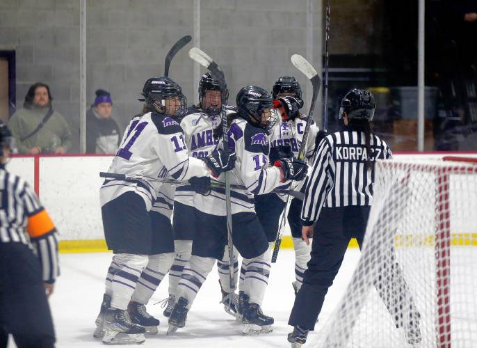 Amherst College’s Alyssa Xu (15) celebrates after scoring against Elmira College in the third period of the NCAA quarterfinals Saturday afternoon at Orr Rink.