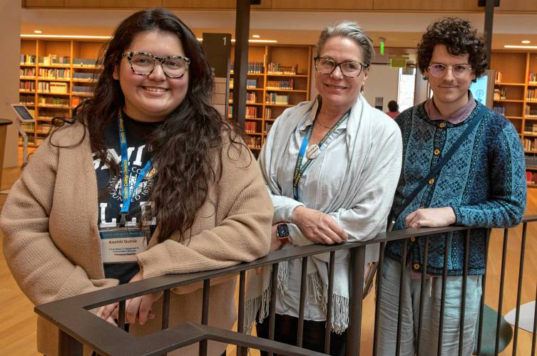 Xochitl Quiroz, Jessica Ryan and Micah Walter, librarians at the Neilson Library at Smith College, talk on Tuesday about forming a union.