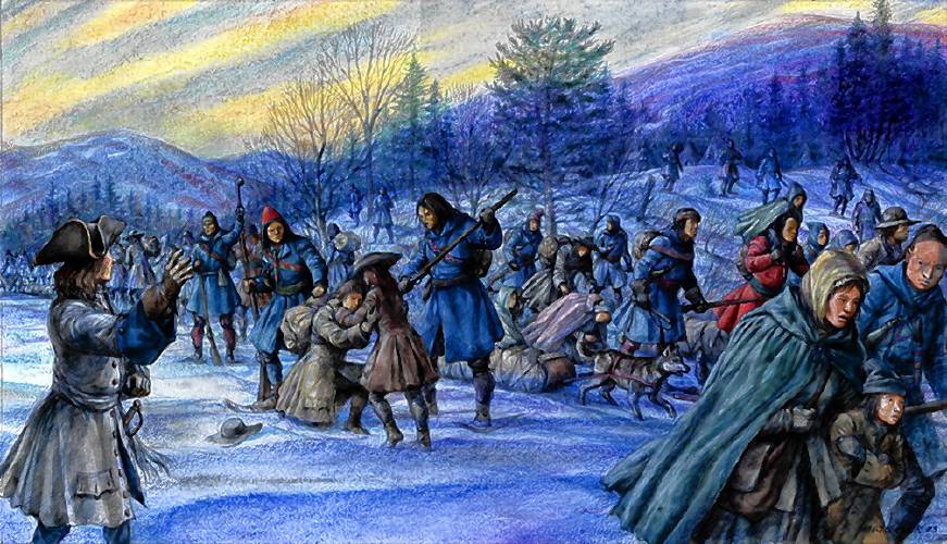 Artist illustrations of the 1704 attack on Deerfield, as displayed on PVMA’s “The Many Stories of 1704” website.