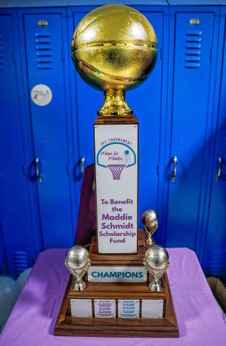 The championship trophy for the second annual Magic for Maddie 3v3 Basketball Tournament to benefit the Maddie Schmidt Memorial Scholarship on Saturday at the William E. Norris School in Southampton. Hundreds gathered for the tournament to celebrate the legacy of 8-year-old Maddie Schmidt, who died from a rare brain cancer.