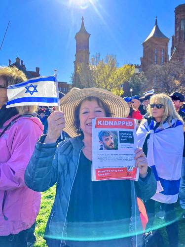 Western Massachusetts resident Ros Barron rode one of the buses the Jewish Federation of Western Massachusetts organized for residents who wanted to participate in the March for Israel in Washington on Tuesday.