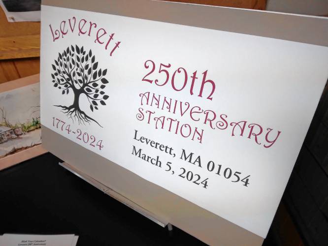 A sign displayed in the Leverett Post Office for a commemorative 250th anniversary postmark.