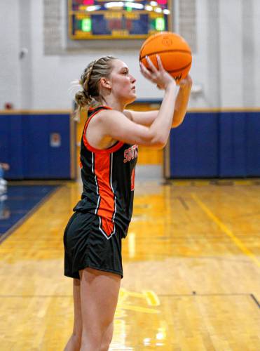 South Hadley’s Ava Asselin (10) hits a three-pointer against Northampton earlier this season in Northampton.