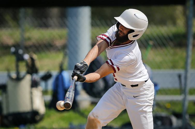 Amherst’s Neil Cunniffe makes contact against Chicopee Comp in the bottom of the second inning Wednesday in Amherst.
