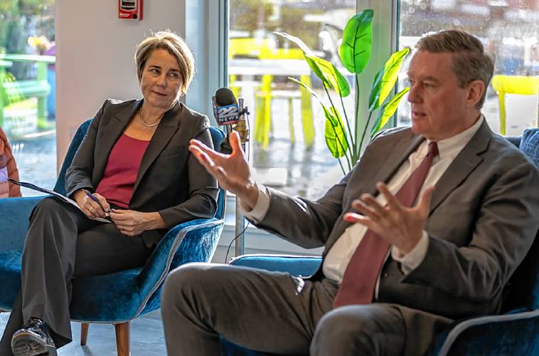 Massachusetts Gov. Maura T. Healey and Ed Augustus, secretary of Housing and Livable Communities, discuss housing affordability with town and regional officials during a roundtable at East Gables at 132 Northampton Road Wednesday afternoon.