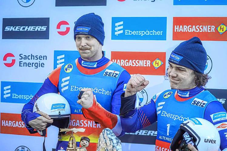 Chesterfield’s Dana Kellogg, left, and partner Frank Ike took ninth place in the men’s doubles this past weekend at the FIL World Luge Championships in Altenberg, Germany. Kellogg was also a part of Team USA’s silver medal-winning team relay s