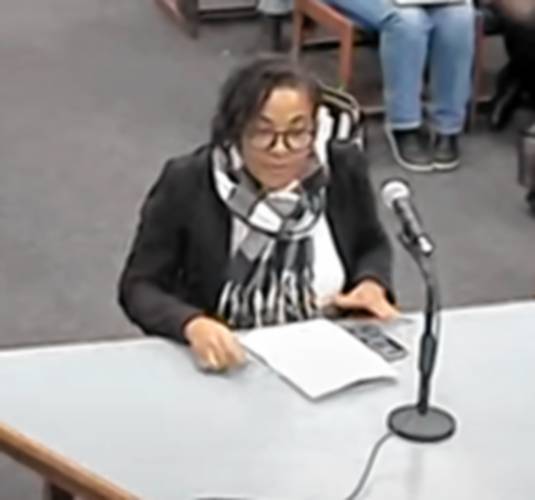 Letha Gayle-Brissett, the middle school’s school’s climate and cultural coordinator, speaks at the School Committee meeting Tuesday.