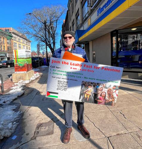 Northampton resident Peter Kakos, a member of the Leahy Fast for Palestine Committee, has held a daily fast demanding an end of war in Gaza.
