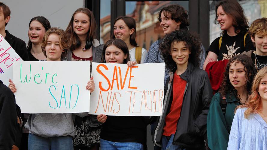 Students from Northampton High School protested against proposed school budget cuts, marching from the high school to City Hall to take their concerns to the mayor’s office on Wednesday.