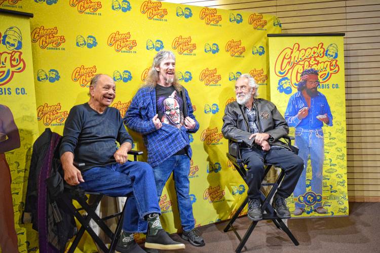 Famous comedy duo Cheech Marin and Tommy Chong meet Robert Powers, of Peterborough, New Hampshire, at the grand opening of Cheech & Chong’s Dispensoria in Whately on Saturday.
