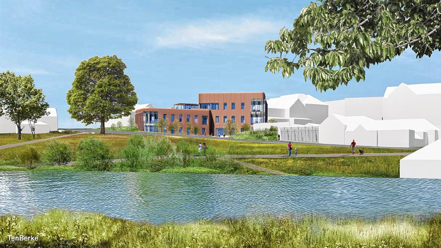 This architect’s rendering shows a view of the $32 million Kathleen McCartney Hall across Paradise Pond at Smith College.