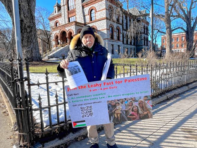 Nick Mottern, a member of the  Leahy Fast for Palestine Committee, has held a daily fast demanding an end of war in Gaza. Mottern is fasting along with Peter Kakos and Jeanne Allen. The group holds vigil in downtown Northampton daily from 12-1 p.m.   