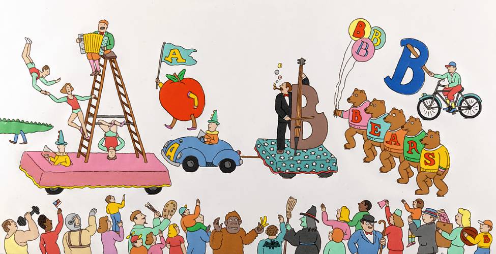 An illustration from Seymour Chwast’s “The Alphabet Parade,” 1991. Seymour Chwast Collection, Washington University Libraries, Dept. of Special Collections.