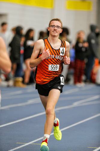 South Hadley’s Nathan Hutchinson runs to a fourth place finish in the one mile during the PVIAC indoor track meet Wednesday at Smith College in Northampton.