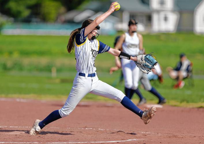 Hopkins Academy pitcher Cassie Dion (18) throws against Franklin Tech earlier this season in Hadley.