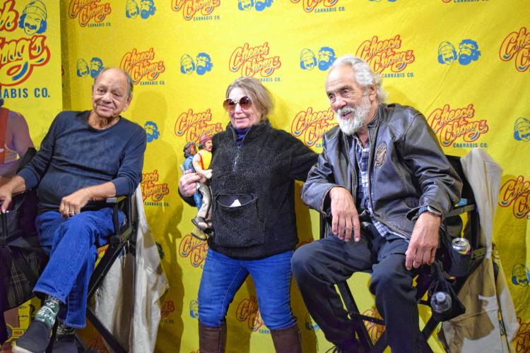 Janet Condon, of Torrington Connecticut, meets comedy duo Cheech Marin and Tommy Chong at the grand opening of Cheech & Chong’s Dispensoria in Whately on Saturday.